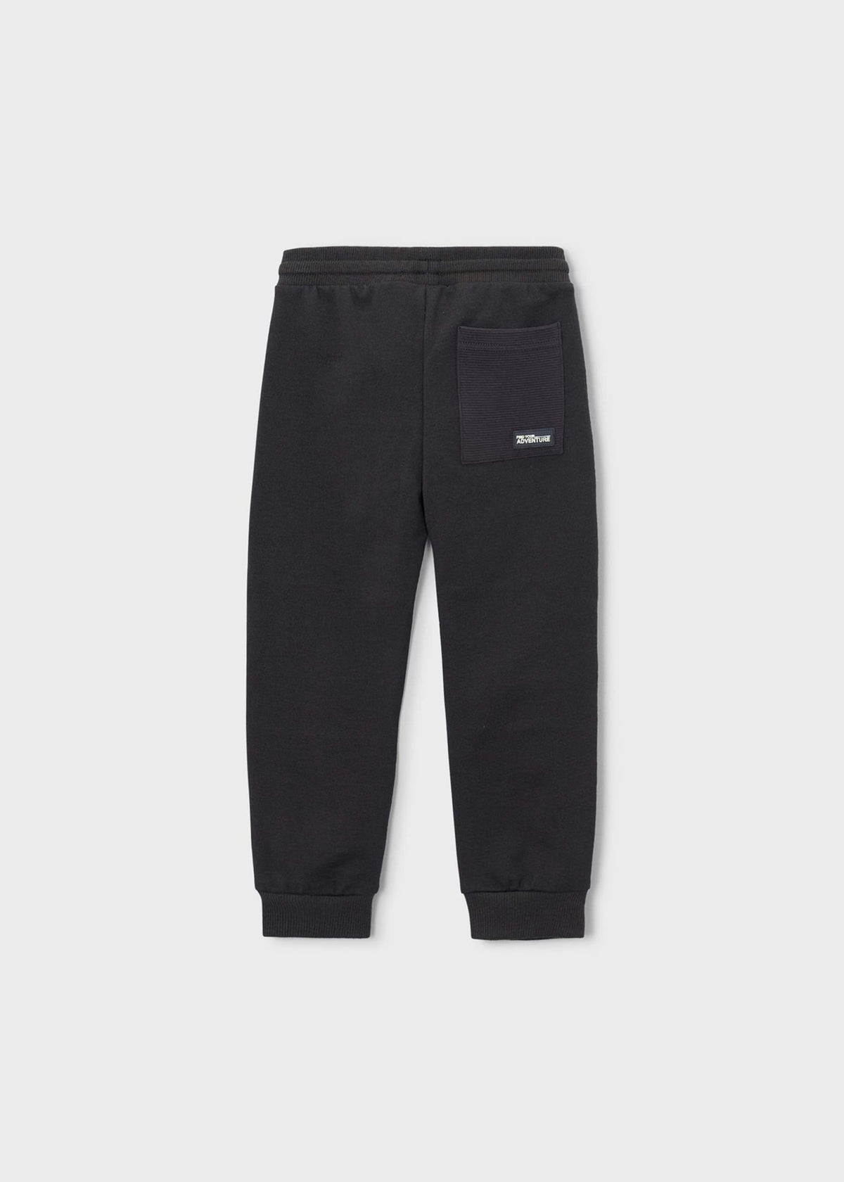 Black sweatpants with a side pocket and a small white logo patch, shown flat against a light gray background.