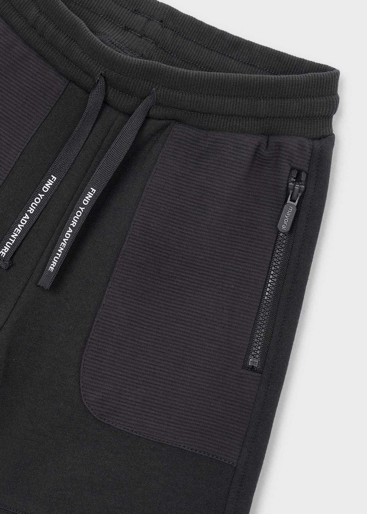 Close-up of black ribbed sweatpants showing a side pocket with a vertical zip, a drawstring with white text, and a ribbed waistband on a light gray background.