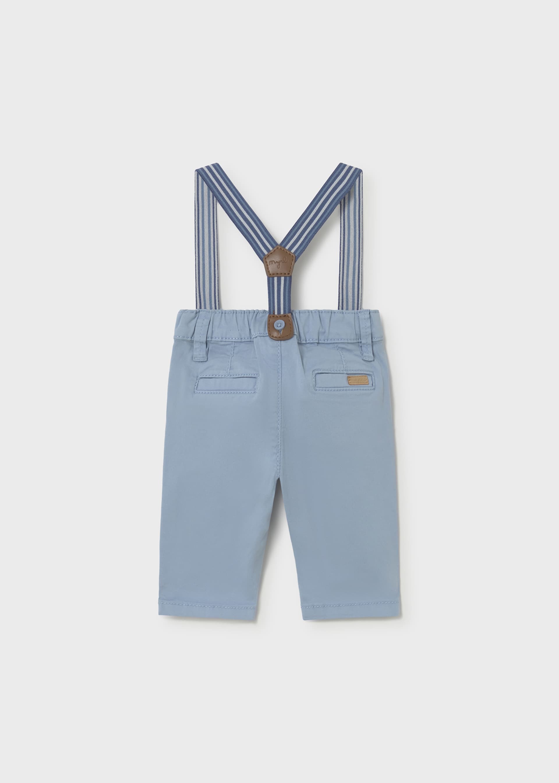 Light blue pants with striped suspenders on a white background
