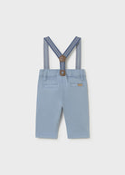 Light blue pants with striped suspenders on a white background