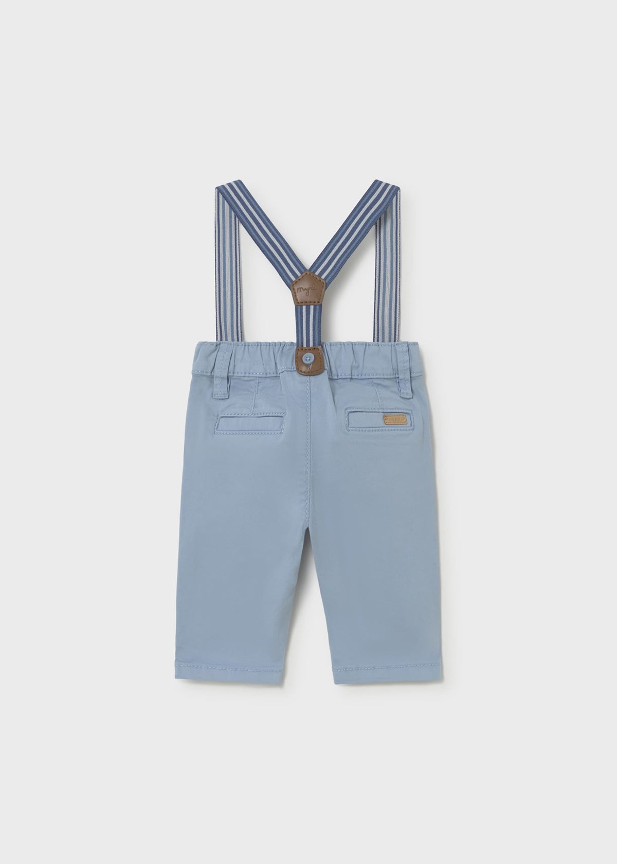 Light blue pants with striped suspenders on a white background
