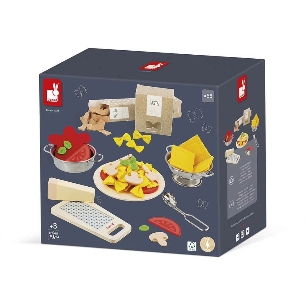 Pasta-making kit packaging with illustrations of pasta and kitchen tools on a white background