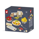 Pasta-making kit packaging with illustrations of pasta and kitchen tools on a white background