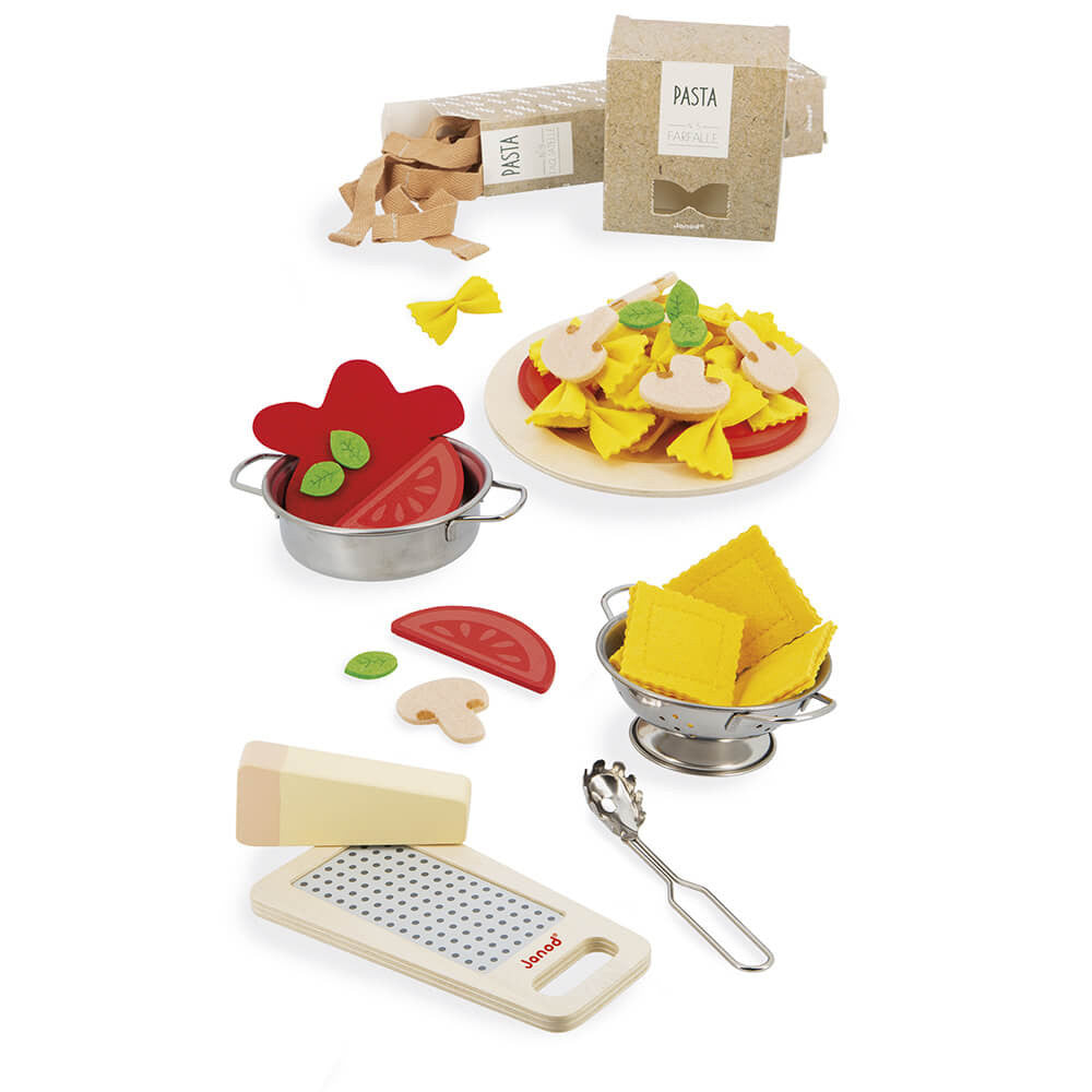 Set of toy kitchen items including a pot, pasta, vegetables, and cheese on a white background.