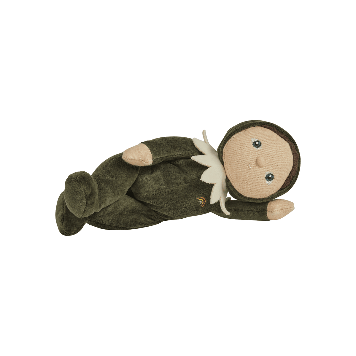 Plush toy resembling a baby in a green outfit on a transparent background