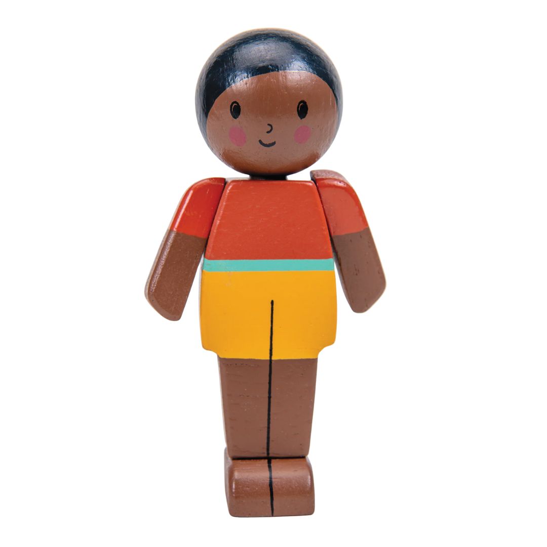 Wooden toy figure with a colorful outfit on a white background