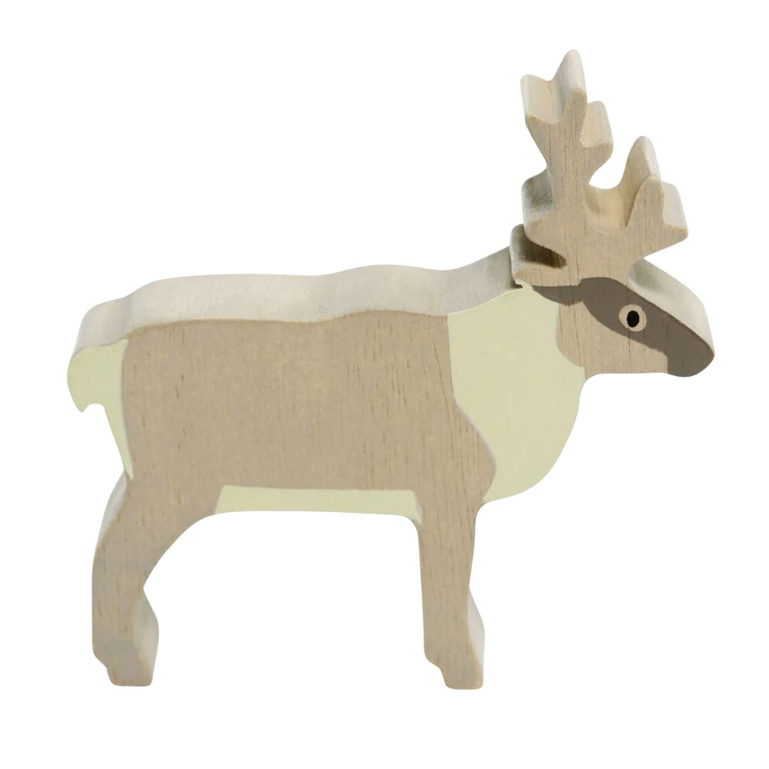 Wooden reindeer figure on a white background