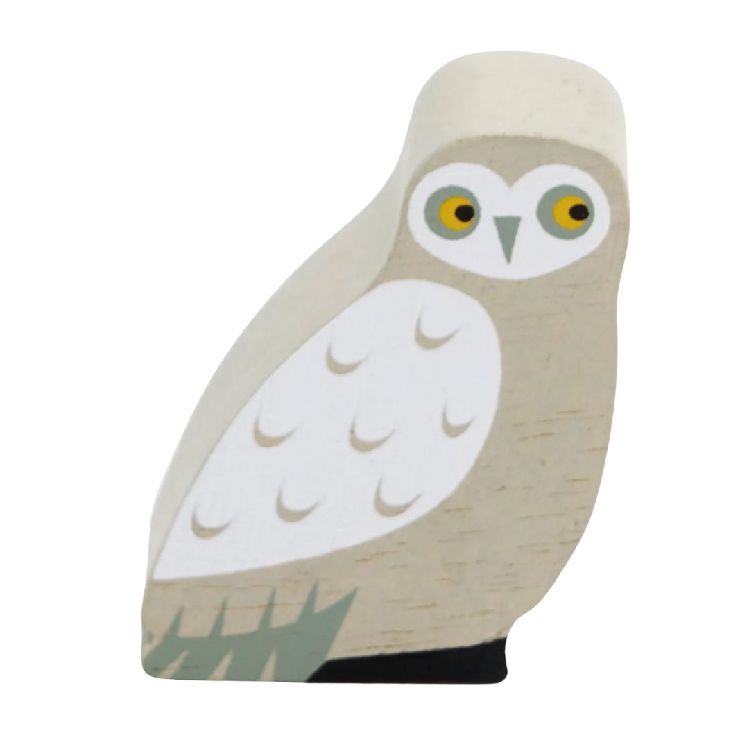 Wooden owl toy with a natural wood finish on a white background