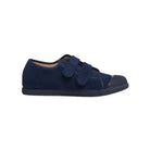 A navy blue low-top canvas shoe with two hook-and-loop strap closures and a rubber toe cap, shown in profile against a plain white background.