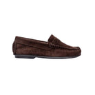Brown suede loafer on a white background