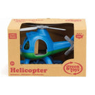 Blue toy helicopter in a cardboard box with 'Green Toys' branding.