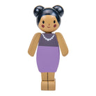 A wooden doll figure with a tan body, dark blue hair in two buns, a purple dress, and a white beaded necklace, shown against a plain white background.