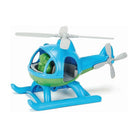 A blue and green plastic toy helicopter with white propellers, featuring a small green dinosaur figure inside the cockpit, shown on a plain white background.
