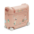 Pink children's suitcase with travel-themed stickers on a white background