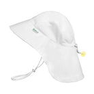 White sun hat with a brand logo on a white background