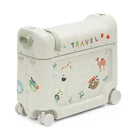 A cream-colored hard-sided rolling storage box decorated with colorful travel-themed stickers and the word 'TRAVEL' on the lid, shown on a clean white background.