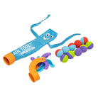 A children's toy set on a white background, including a blue and orange Air Toyz wind sock, a purple and blue wind whistle, and a string of colorful plastic balls.