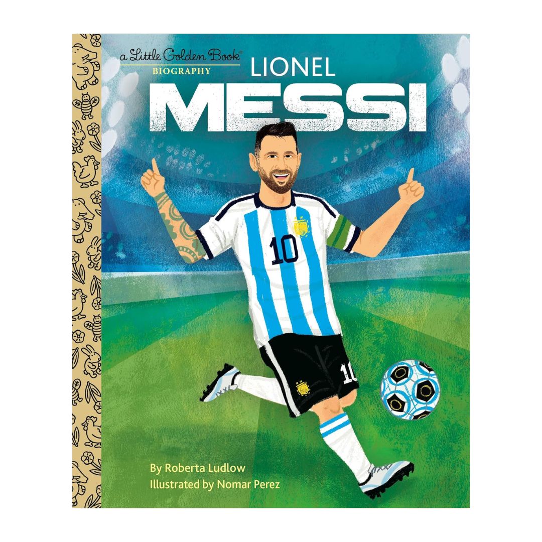 Cover of 'Lionel Messi: A Little Golden Book Biography' featuring an illustration of the soccer player Lionel Messi on the cover with a blue and white soccer uniform, number 10, and a soccer ball in the background.