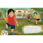 Illustration of a child playing soccer with text about a famous soccer player.