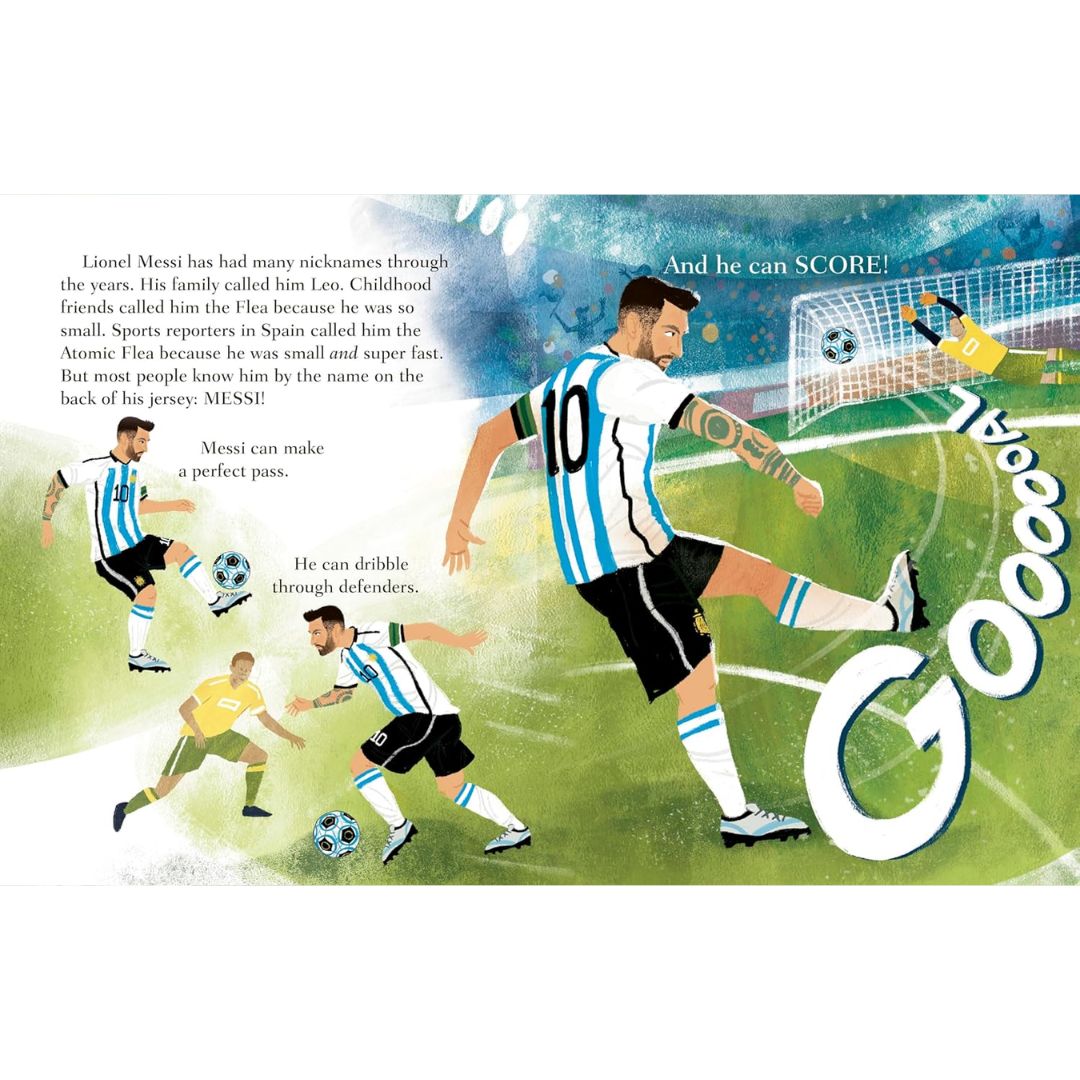 Illustration of a soccer player kicking a ball on a field with text about Lionel Messi.