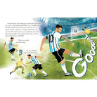Illustration of a soccer player kicking a ball on a field with text about Lionel Messi.