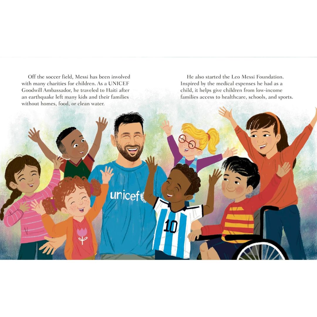 Illustration of a man with children, one in a wheelchair, with text about UNICEF and the Leo Messi Foundation.