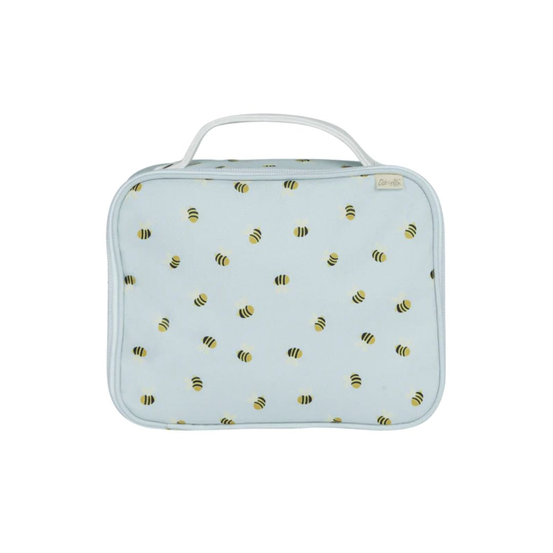 A light blue lunch bag with a pattern of tiny bees in a repeating design, featuring a vegan leather carry handle.