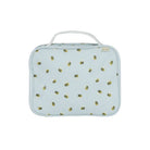 A light blue lunch bag with a pattern of tiny bees in a repeating design, featuring a vegan leather carry handle.
