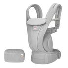 Ergobaby Omni Deluxe Mesh Baby Carrier in gray, with a small storage pouch, featuring multiple adjustment straps and a hood for sun protection.