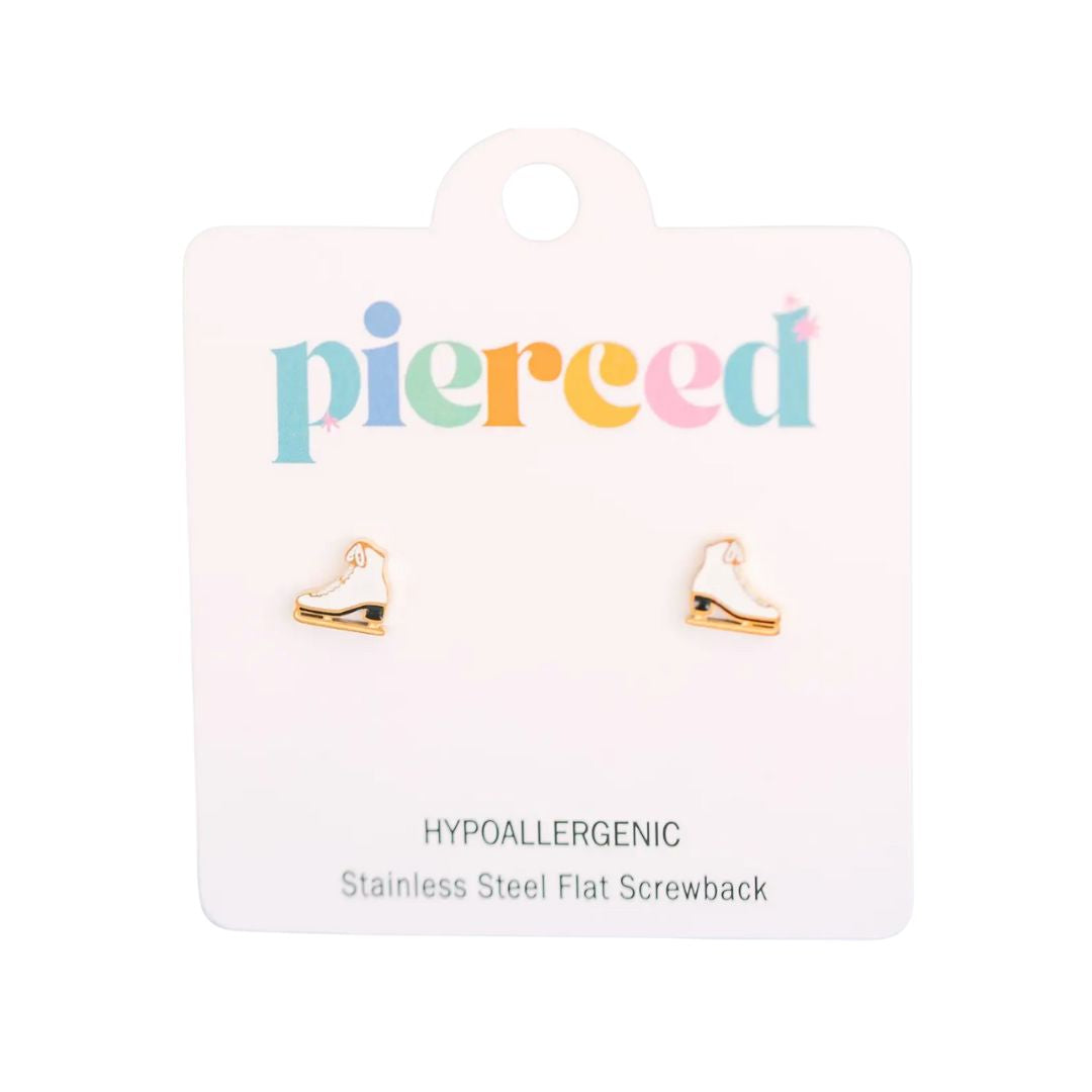 Heart-shaped earrings on a 'pierced' branded card with product details.