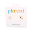Heart-shaped earrings on a 'pierced' branded card with product details.