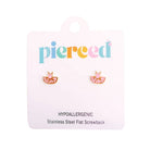 Pair of ballerina-shaped earrings on a 'pierceed' branded card with product details.