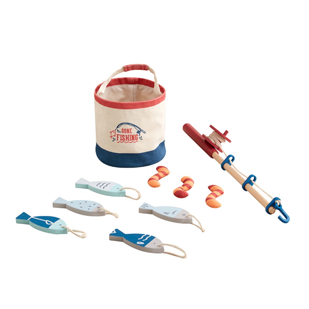 Fishing toy set with a bucket, rod, and accessories on a white background