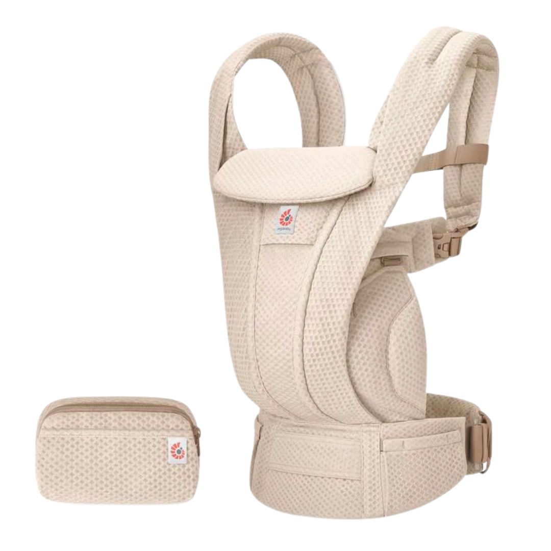 Beige baby hip seat carrier with matching zippered pouch, shown on a clean white background.