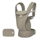 A beige baby hip seat carrier with a matching zippered pouch, shown on a solid white background.