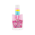 A pink of colorful nail polish bottles with bows on a white background