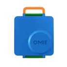 A blue square OMIE magnetic food storage container with an orange handle and green accents, shown on a plain white background.