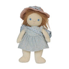 A vintage-style plush doll with long red hair, wearing a light blue floral dress, a matching blue ribbon, and a dusty pink bonnet with a blue bow, set against a plain white background.