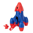 A red and blue toy rocket with a detachable top capsule and two astronaut figures. The rocket has multiple boosters and a door that opens.