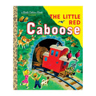 Cover of 'The Little Red Caboose' Little Golden Book featuring a red caboose at a train station with a child and an dog looking at it.