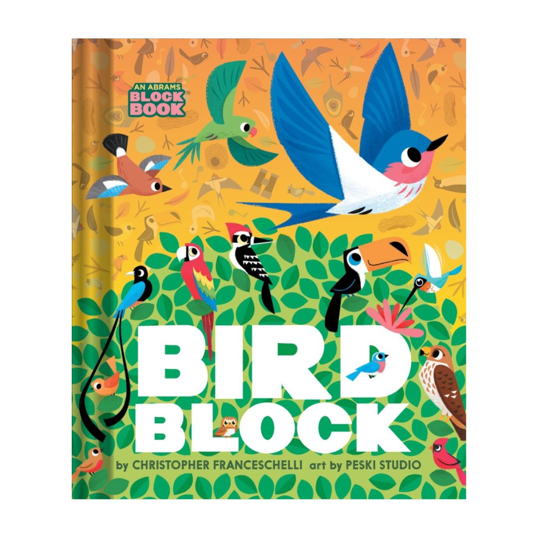 Book cover of 'Bird Block' with colorful bird illustrations on a yellow background