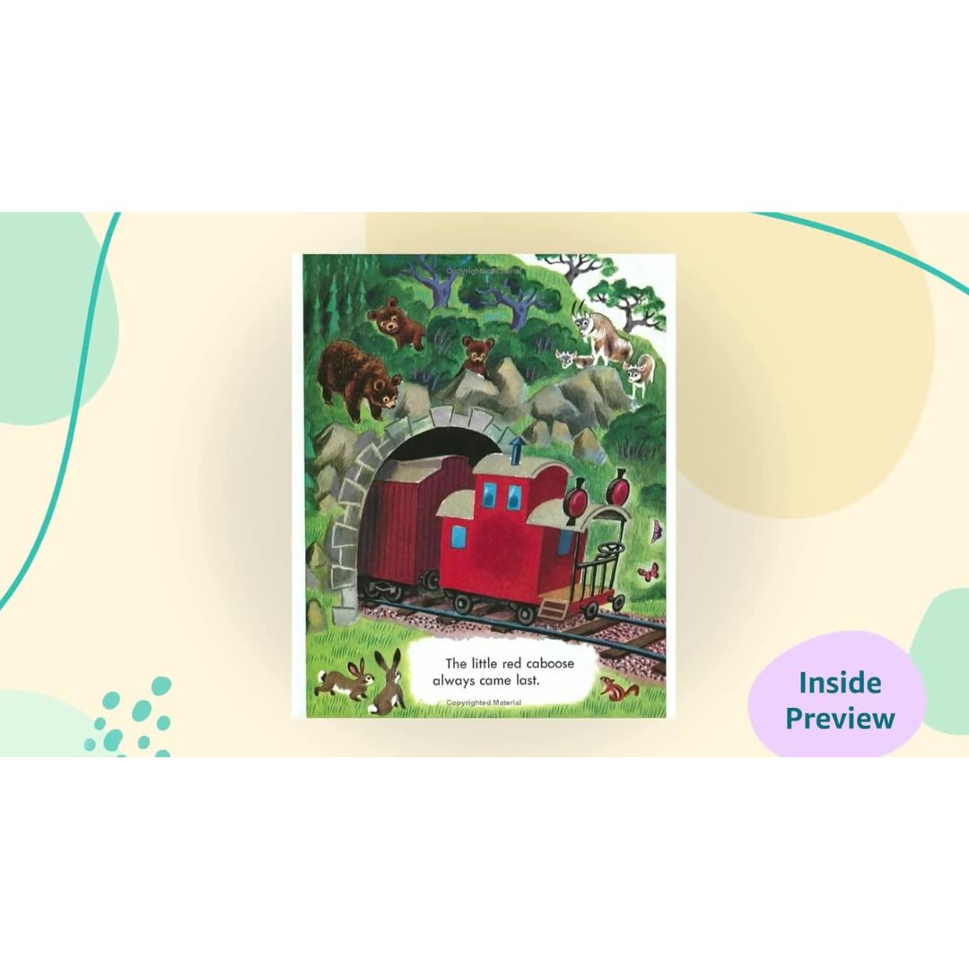 Illustration of a red caboose on a forest background with animals around.