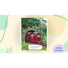 Illustration of a red caboose on a forest background with animals around.