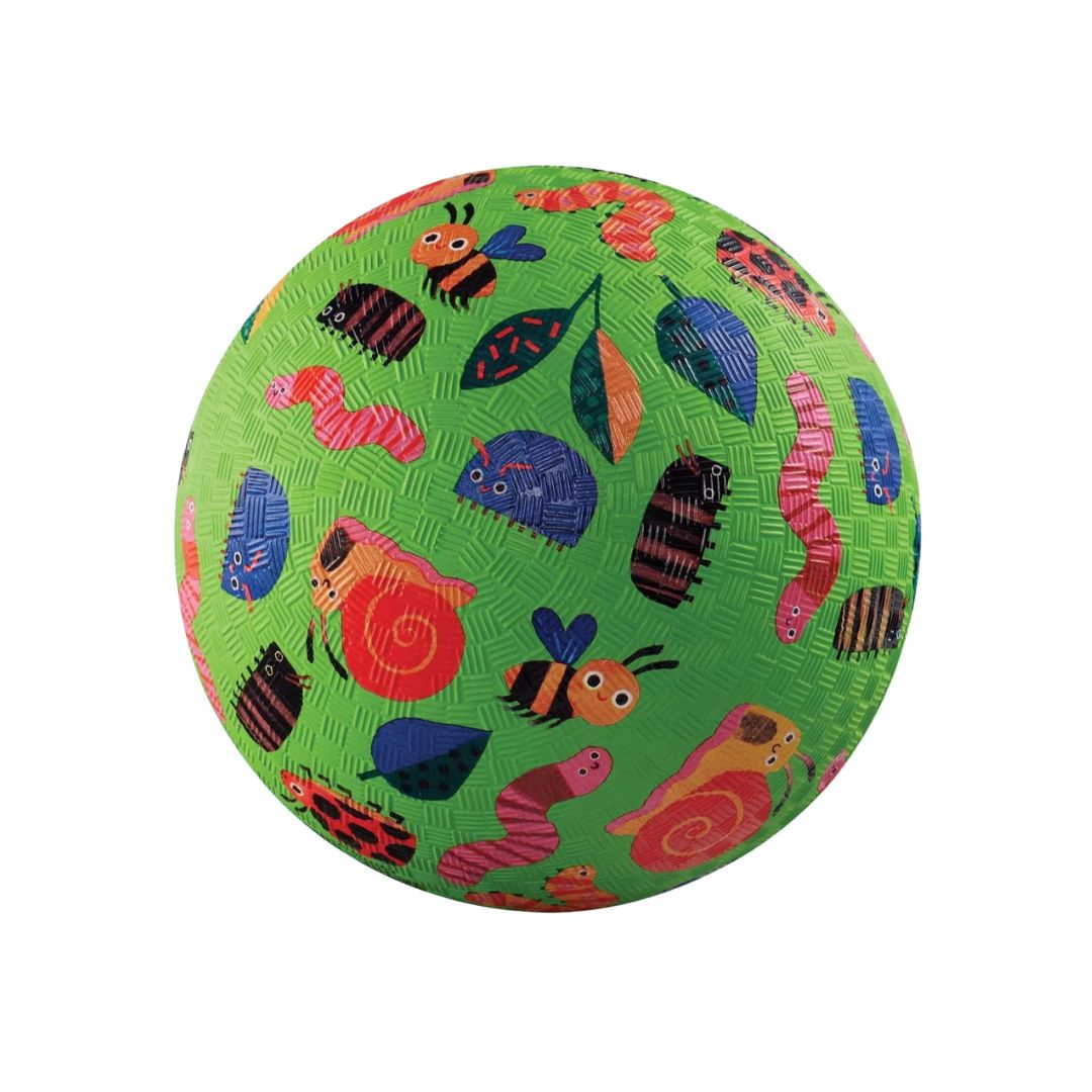 Green ball with colorful insect pattern on a white background