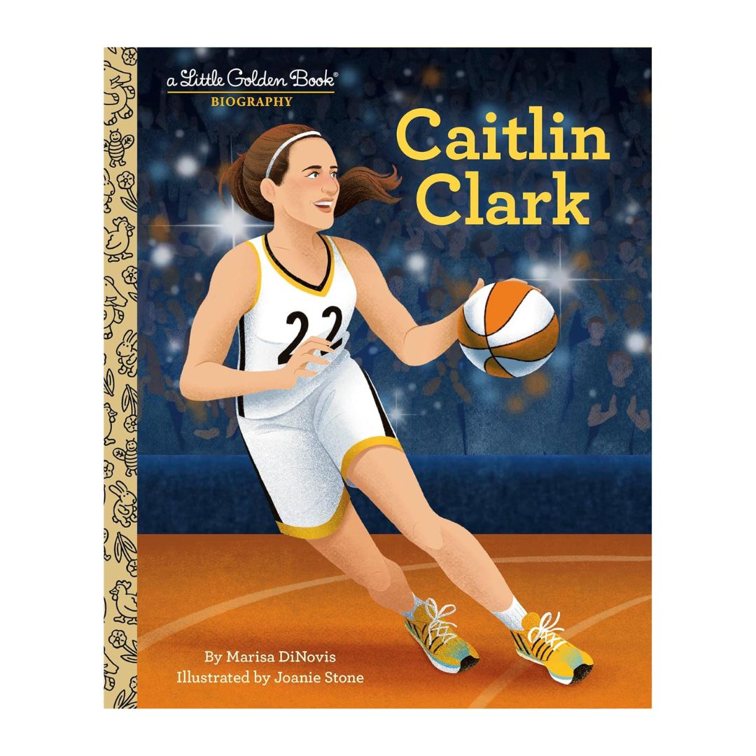 Cover of 'Caitlin Clark: A Little Golden Book Biography' featuring an illustration of Caitlin Clark in a white basketball uniform mid-action on the court.