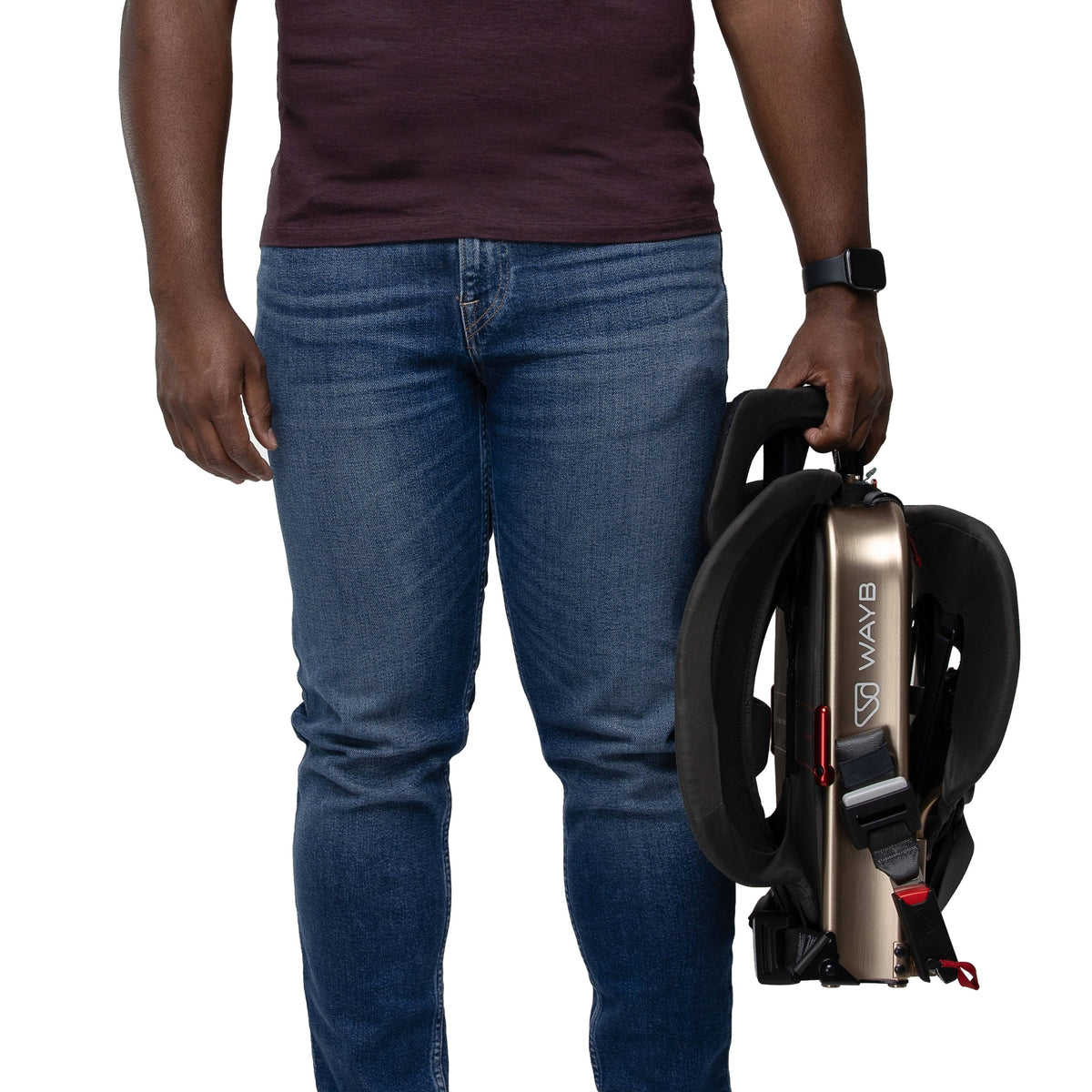 Person holding a backpack with 'WAYB' branding on a white background