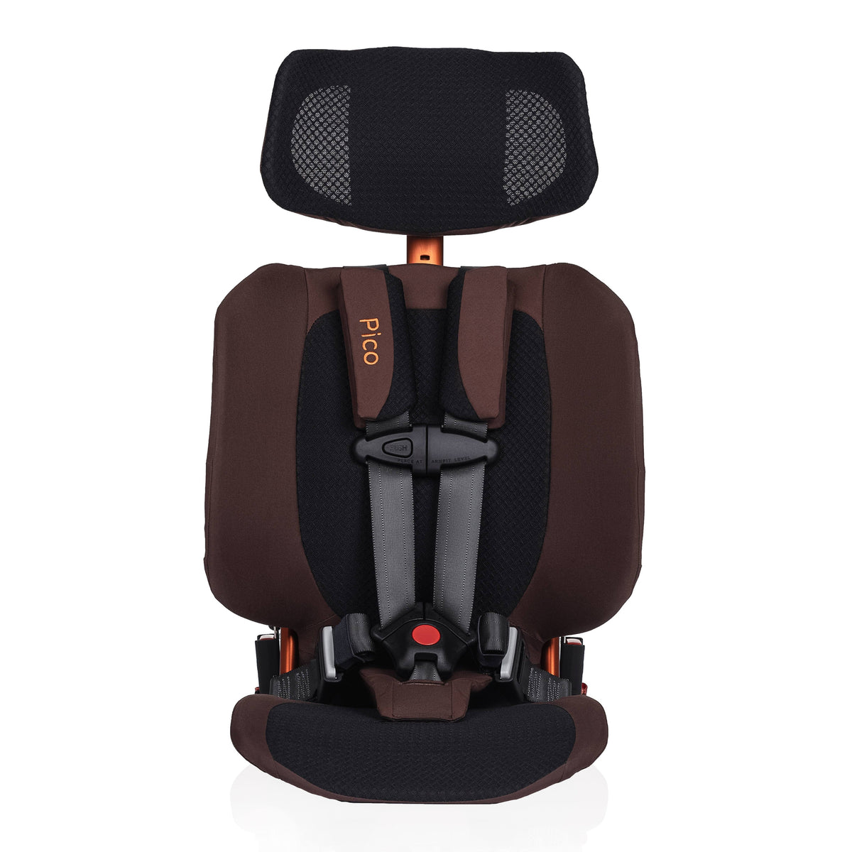 Children's car seat with brown and black design on a white background