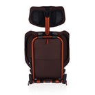 Brown and orange car seat with headrest on a white background