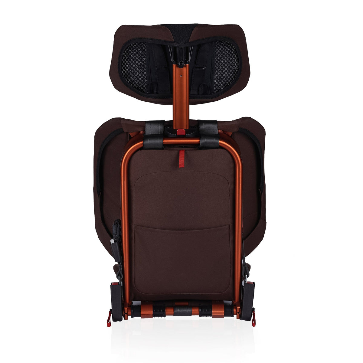 Brown and orange car seat with headrest on a white background