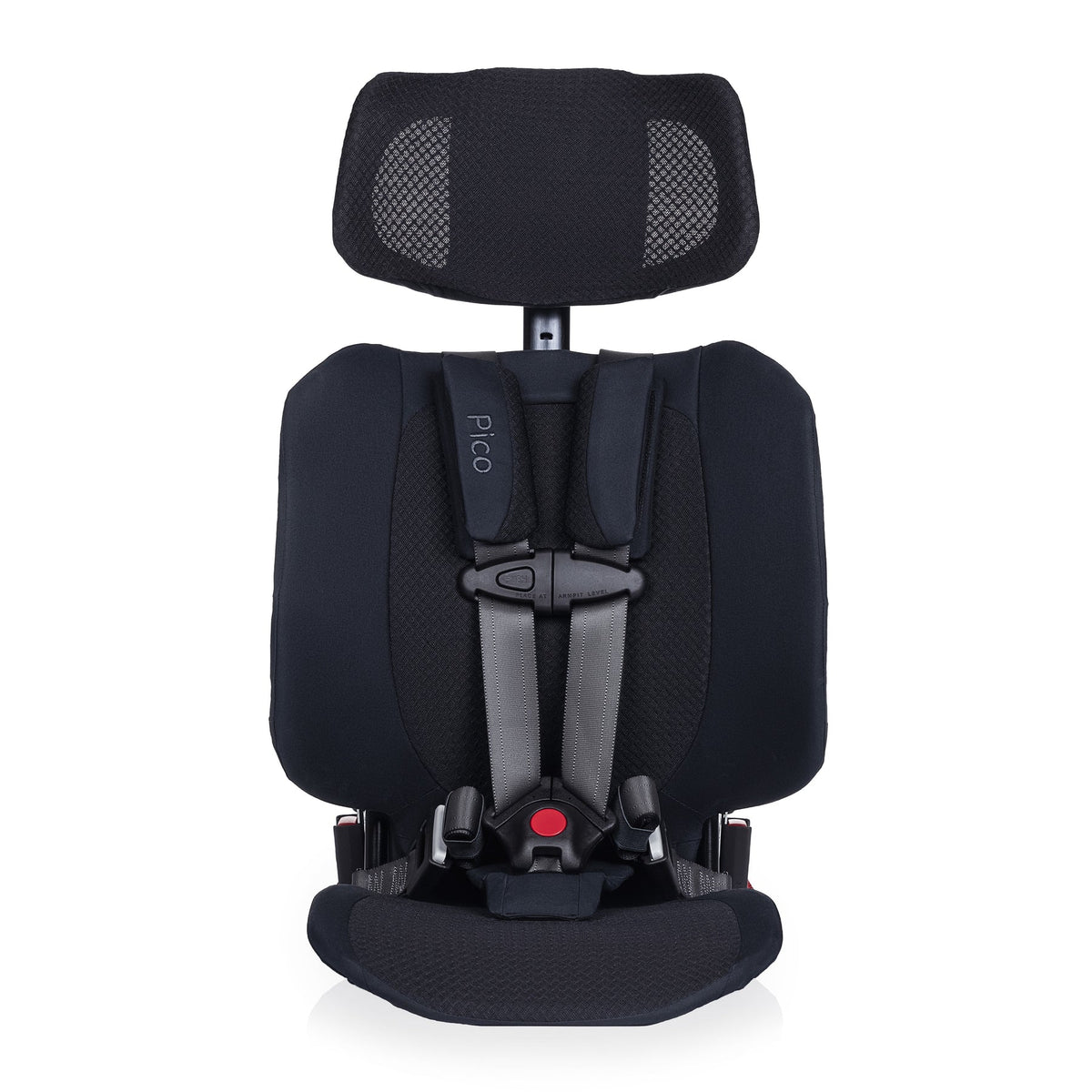Black child car seat with headrest on a white background